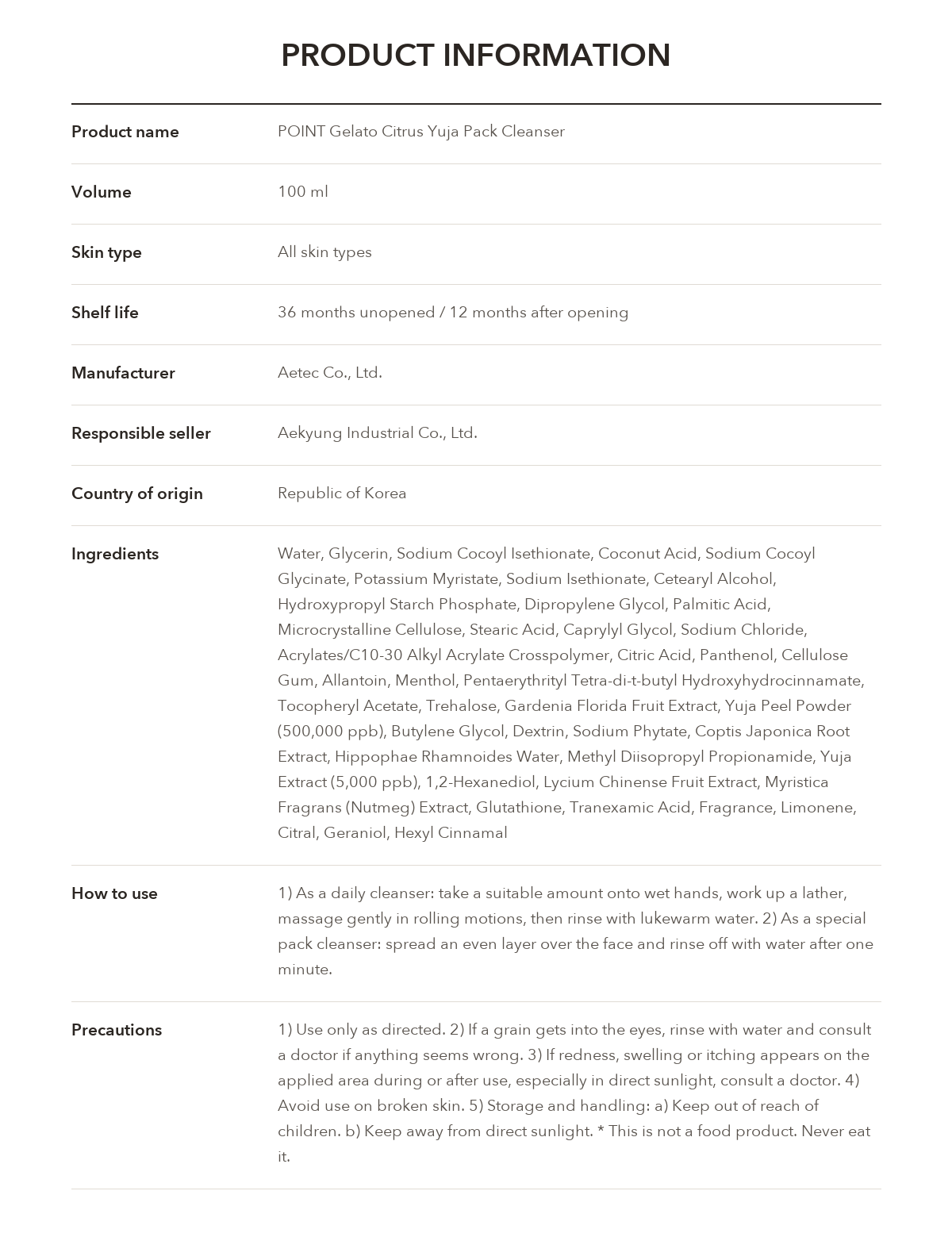 POINT Gelato Citrus Yuja Pack Cleanser product information