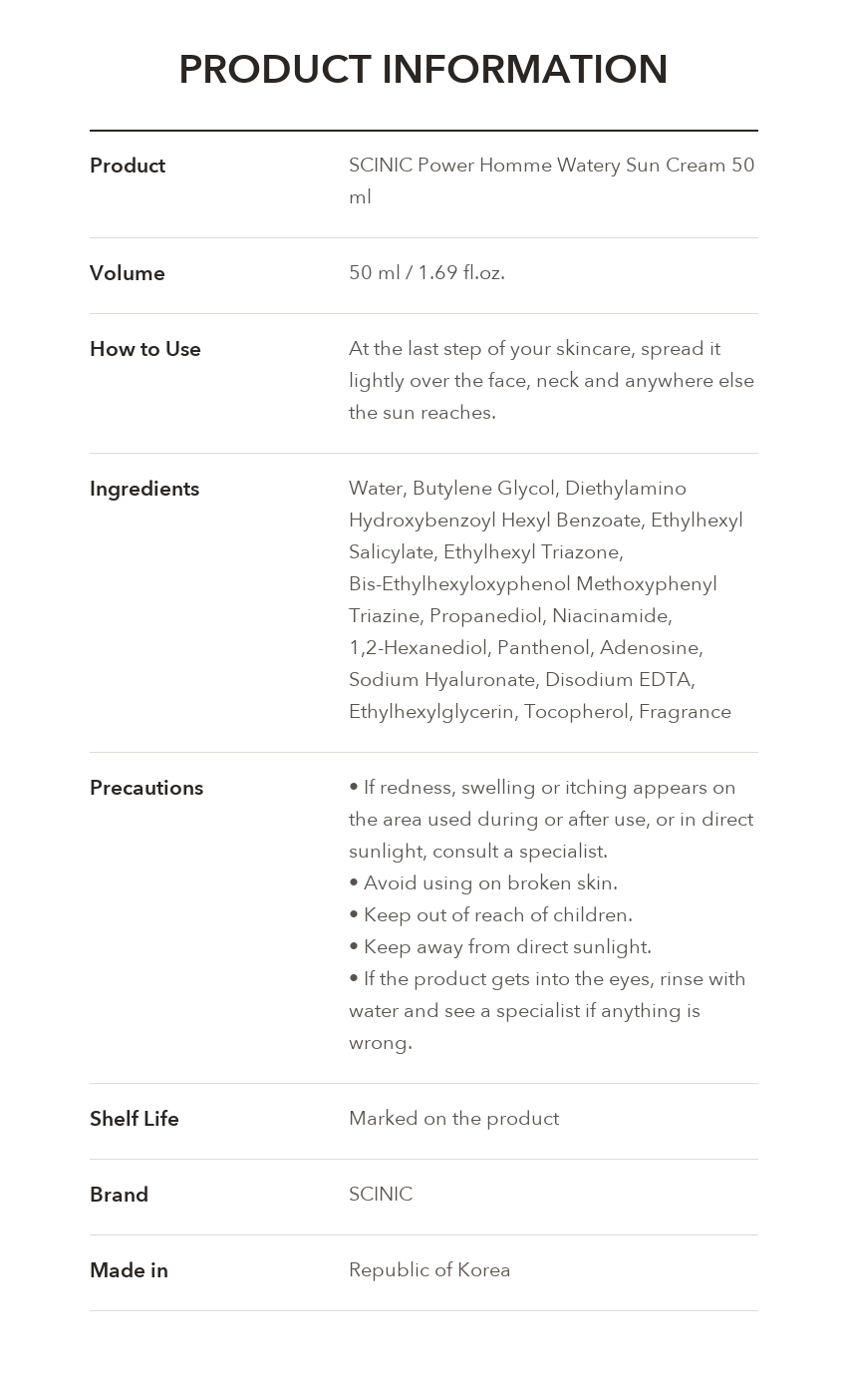 SCINIC Power Homme Watery Sun Cream product information
