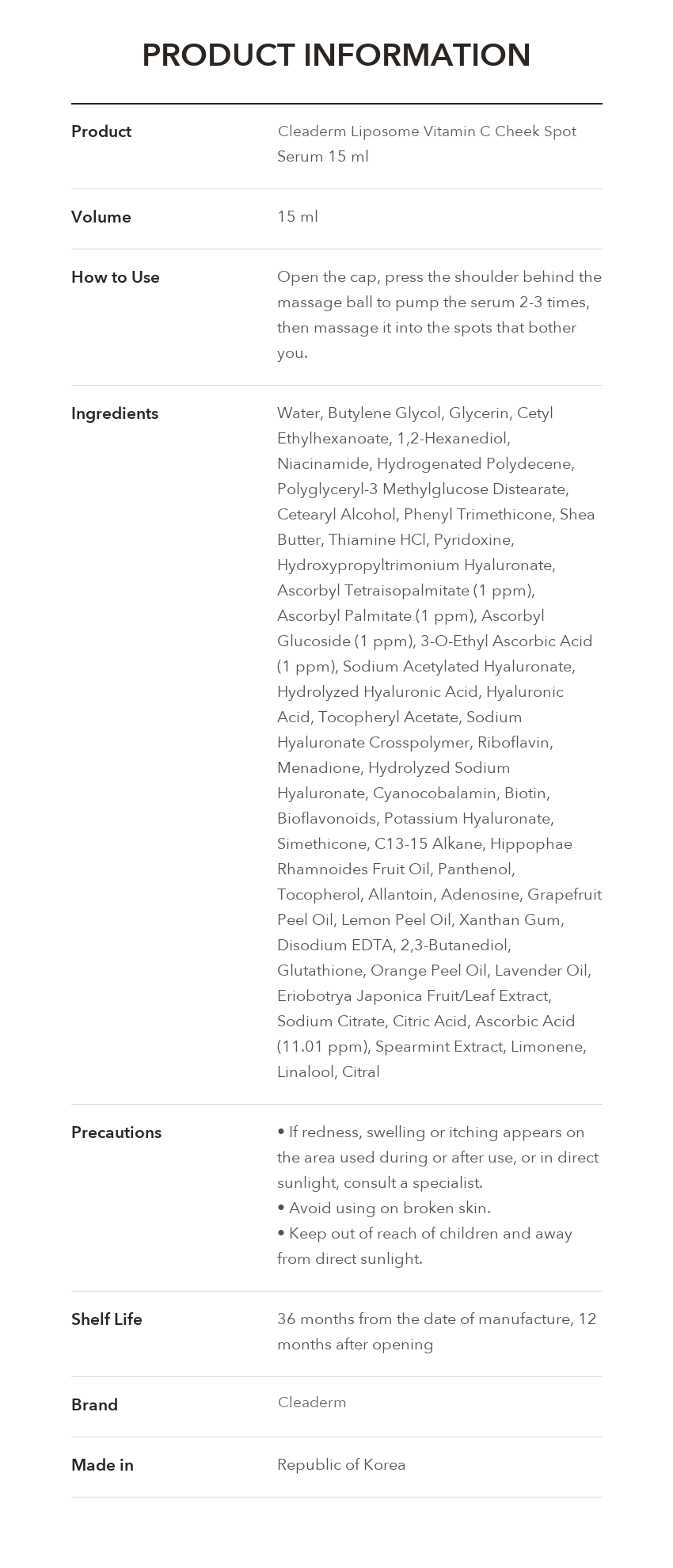 CLEADERM Liposome Vitamin C Cheek Spot Serum product information