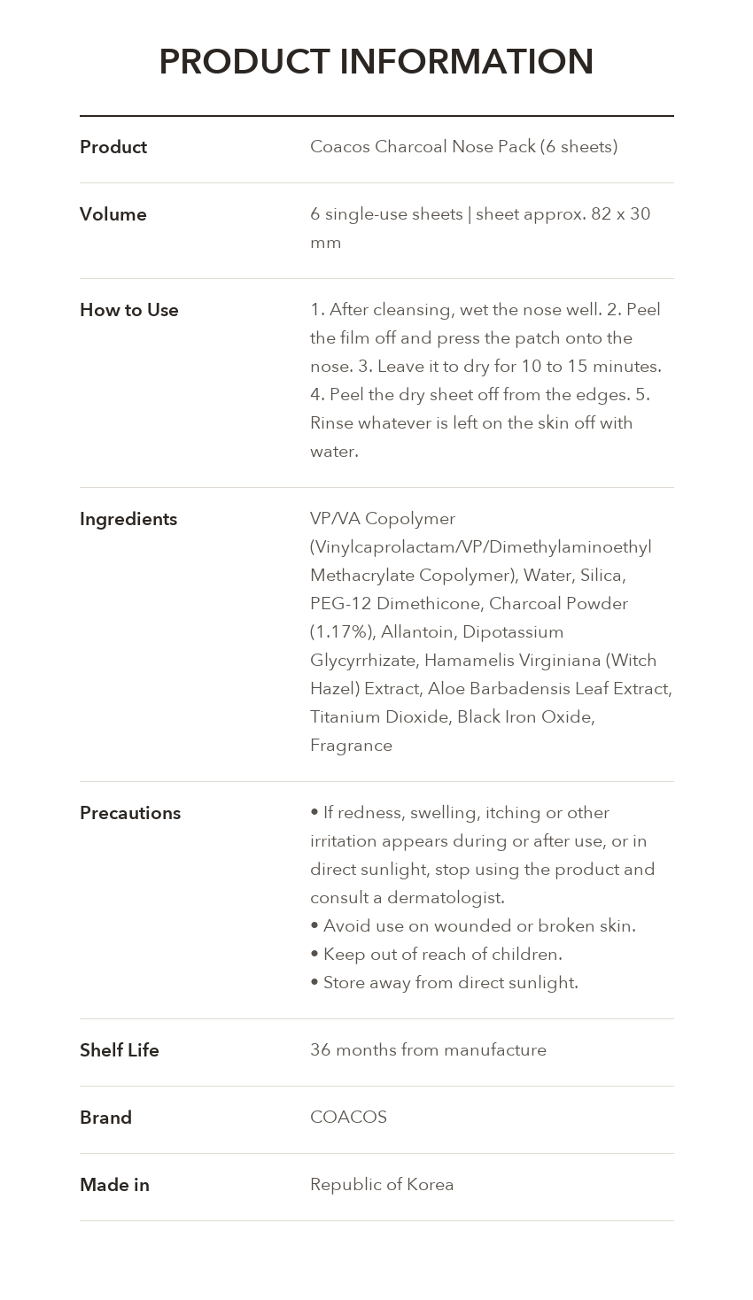 COACOS Charcoal Nose Pack product information