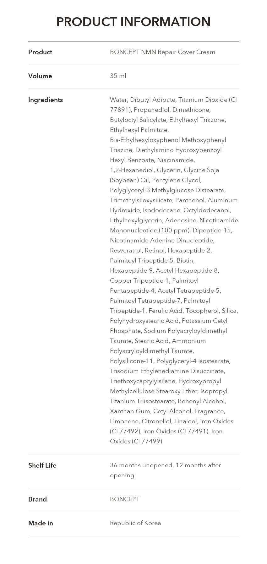 BONCEPT NMN Repair Cover Cream 35ml product information