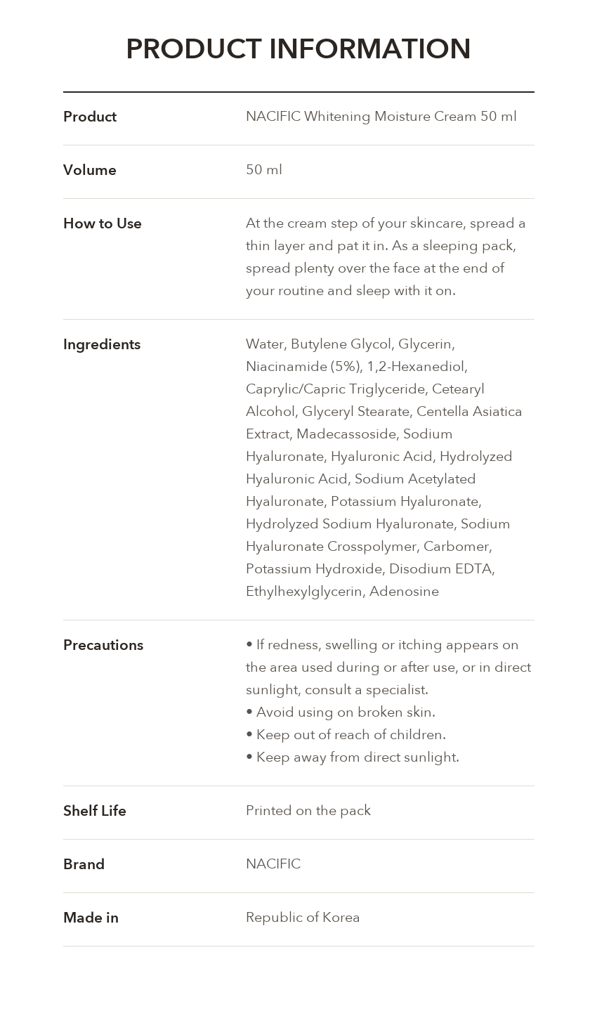 NACIFIC Whitening Moisture Cream product information