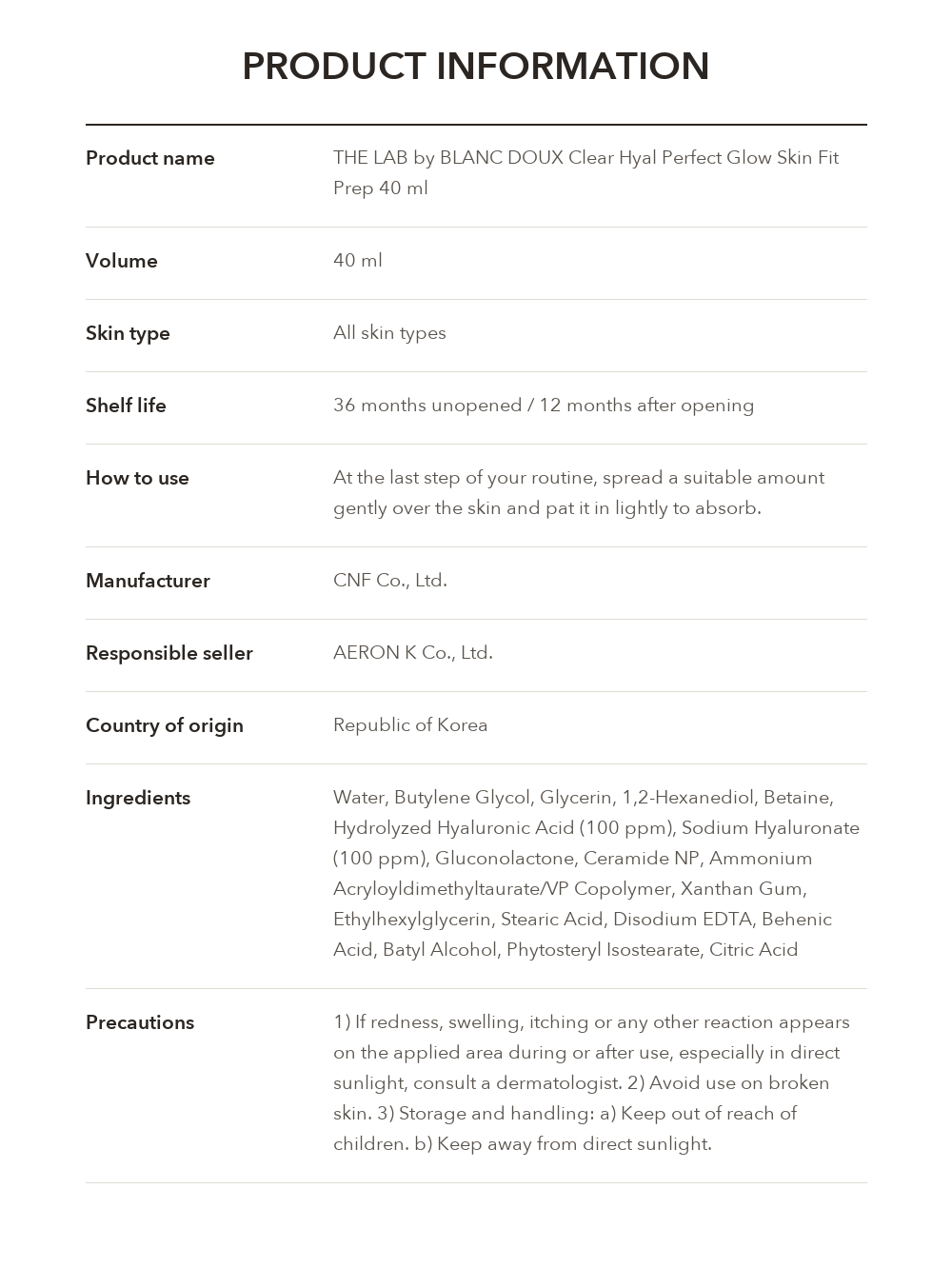 THE LAB by BLANC DOUX Clear Hyal Perfect Glow Skin Fit Prep product information