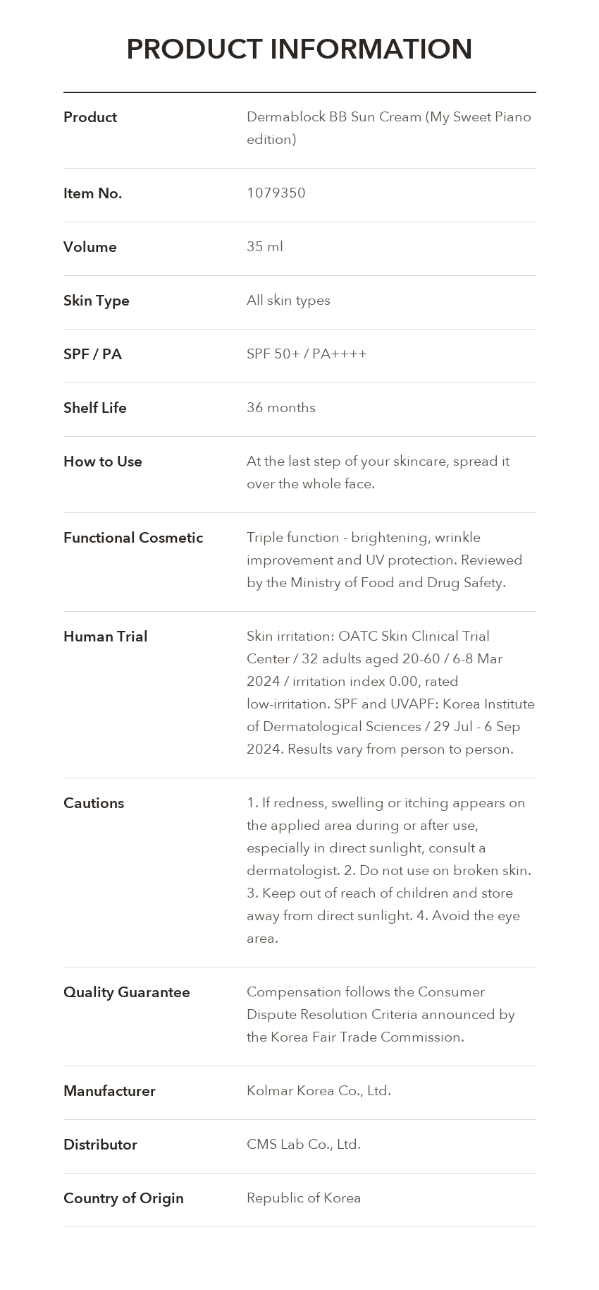 DERMABLOCK BB Sun Cream My Sweet Piano product information