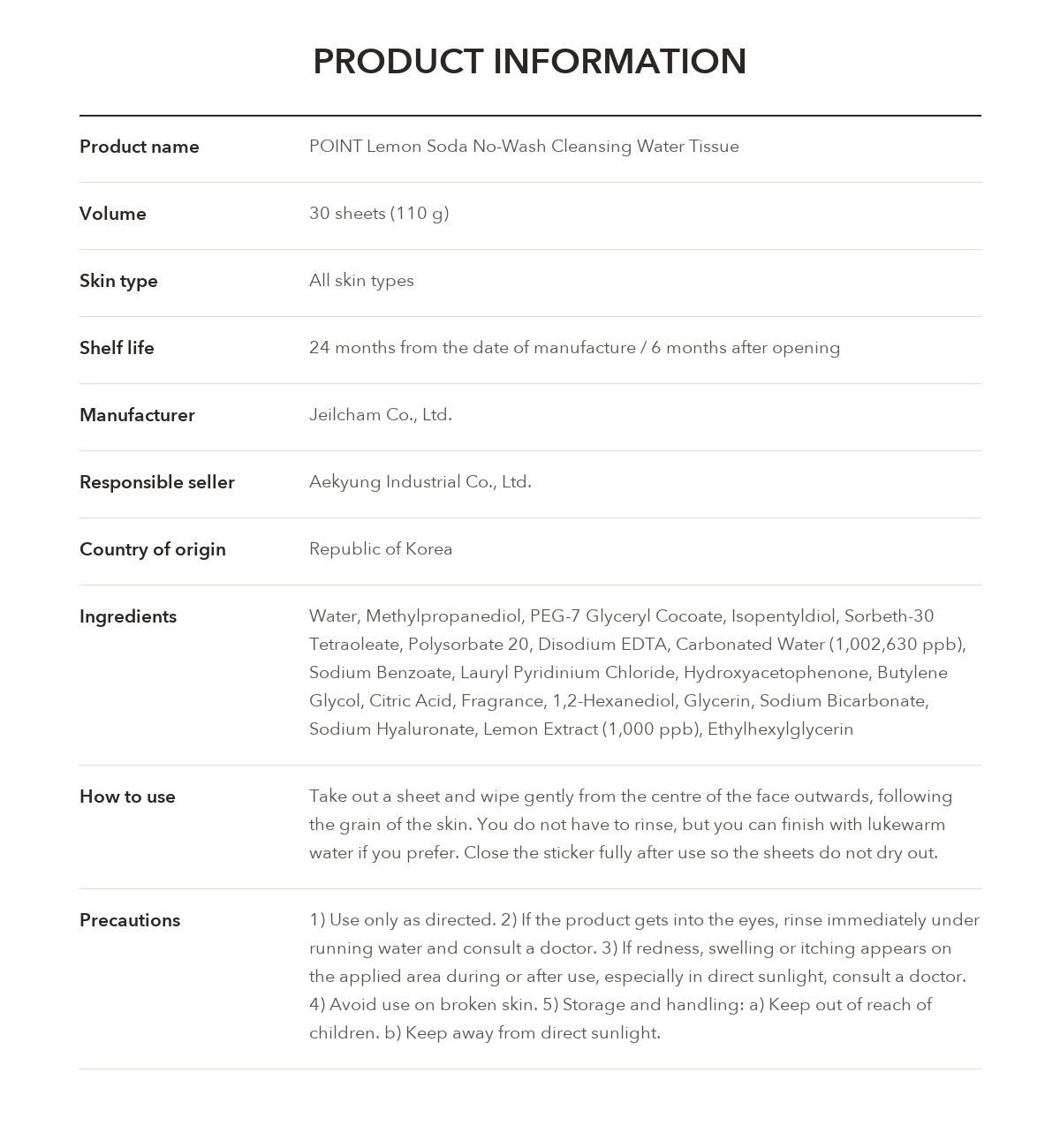 POINT Lemon Soda No-Wash Cleansing Water Tissue product information