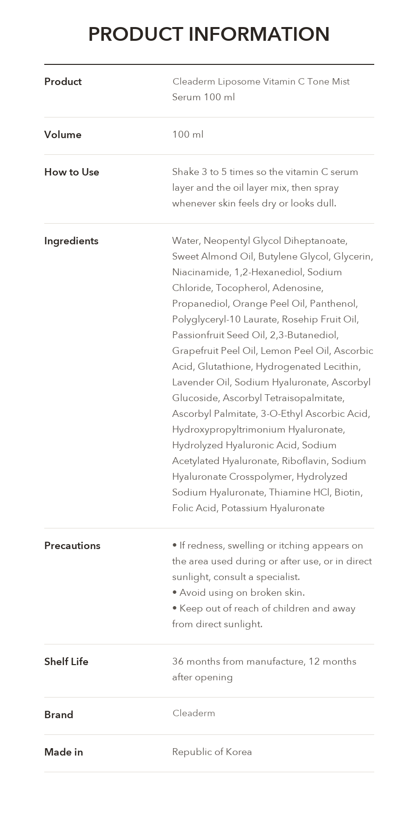 CLEADERM Liposome Vitamin C Tone Mist Serum product information