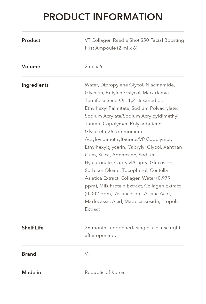 VT Collagen Reedle Shot S50 Facial Boosting First Ampoule 2ml x 6 product information