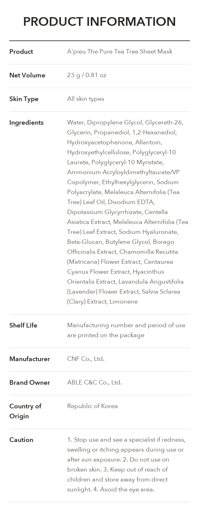 A'PIEU The Pure Tea Tree Sheet Mask 23g product information