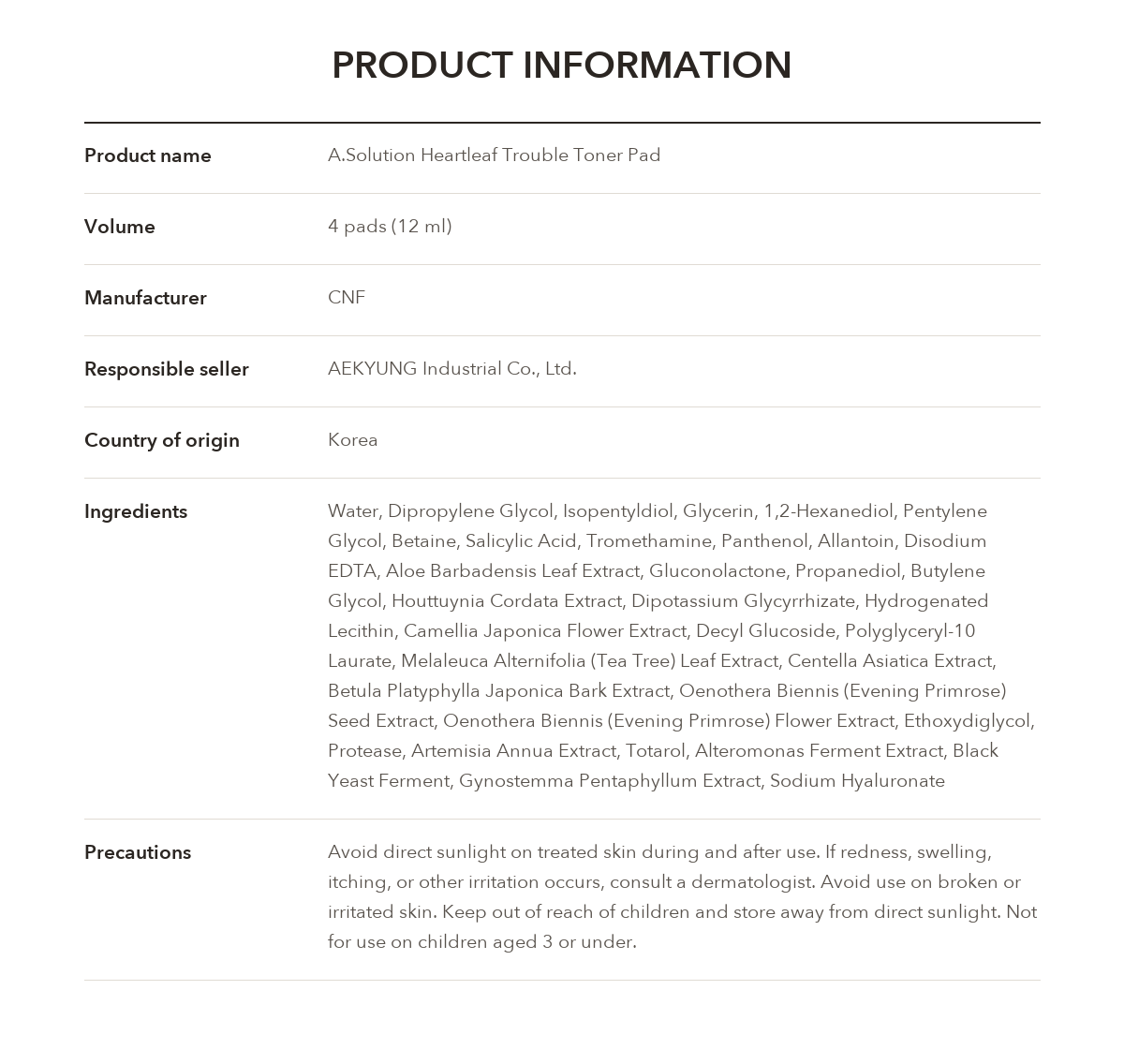 A.SOLUTION Heartleaf Trouble Toner Pad product information