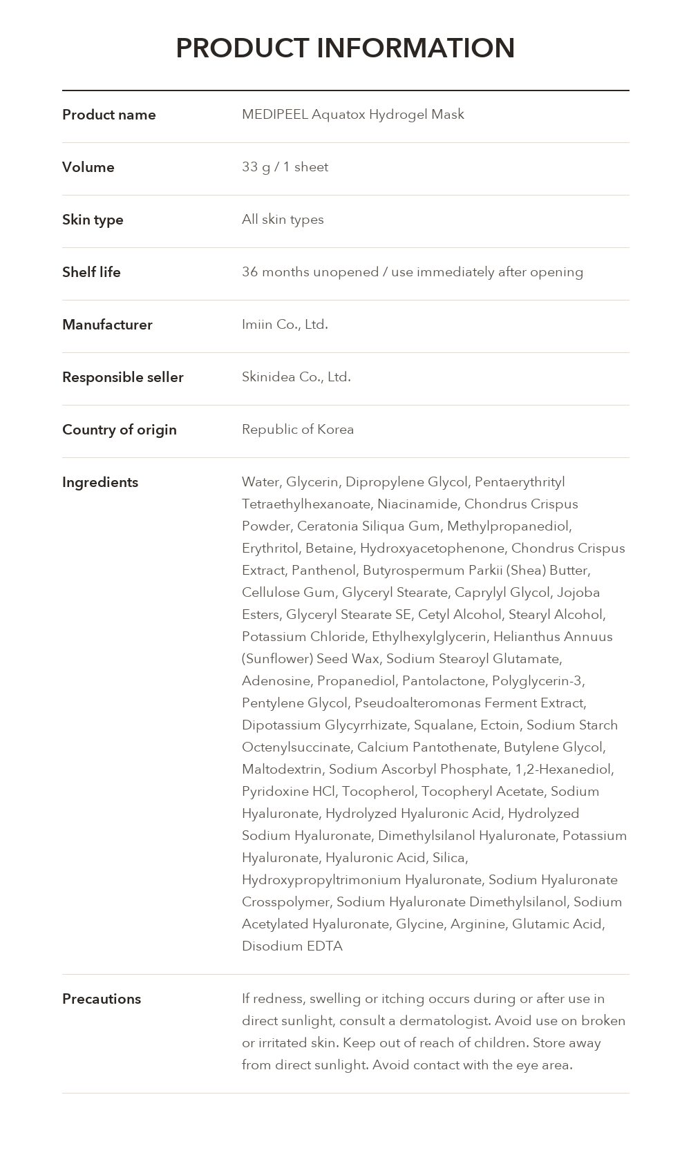 MEDIPEEL Aqua-Tox Hydrogel Mask 33g product information