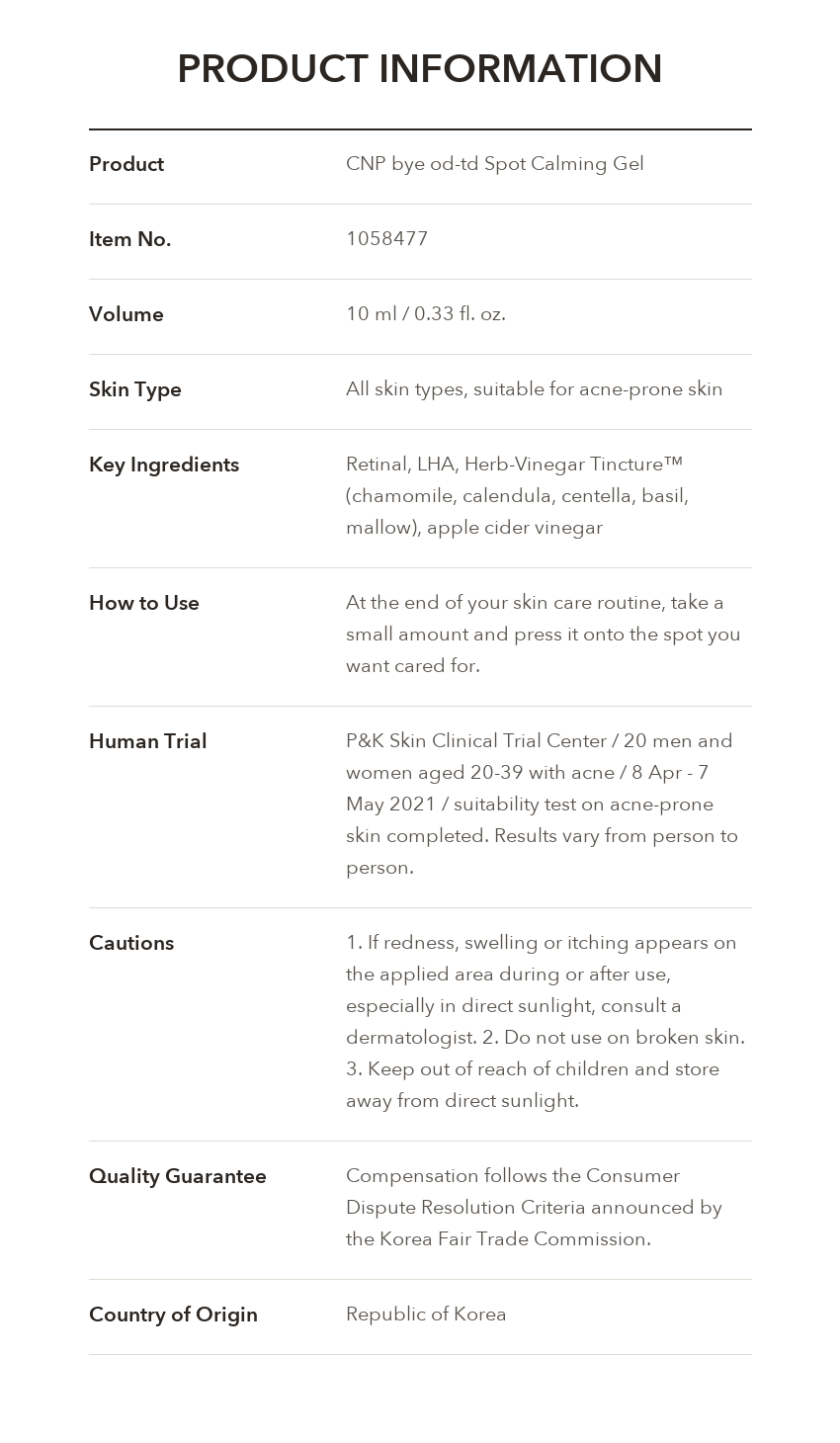 CNP bye od-td Spot Calming Gel product information