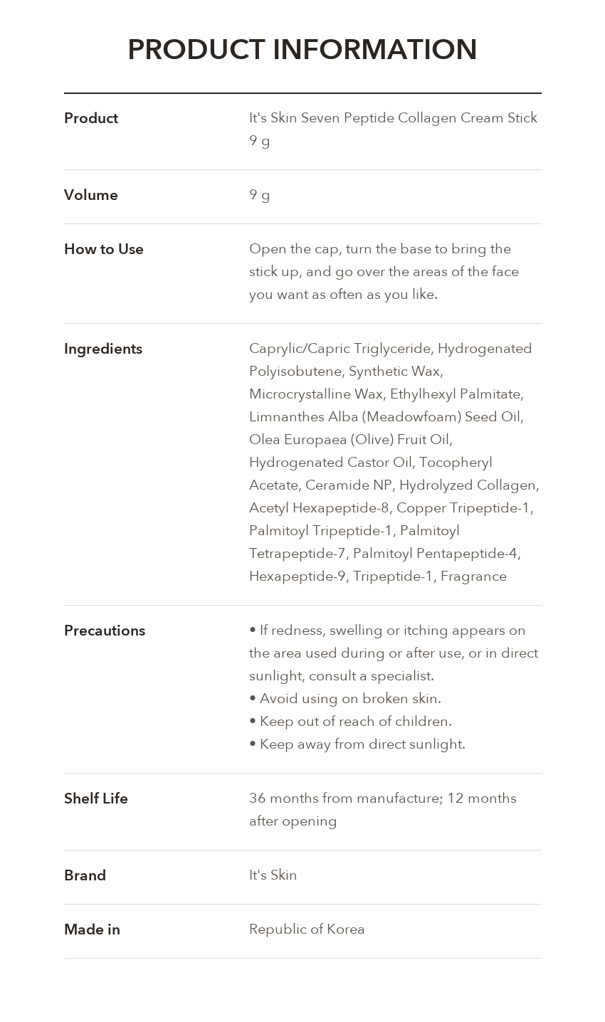 It's Skin Seven Peptide Collagen Cream Stick product information