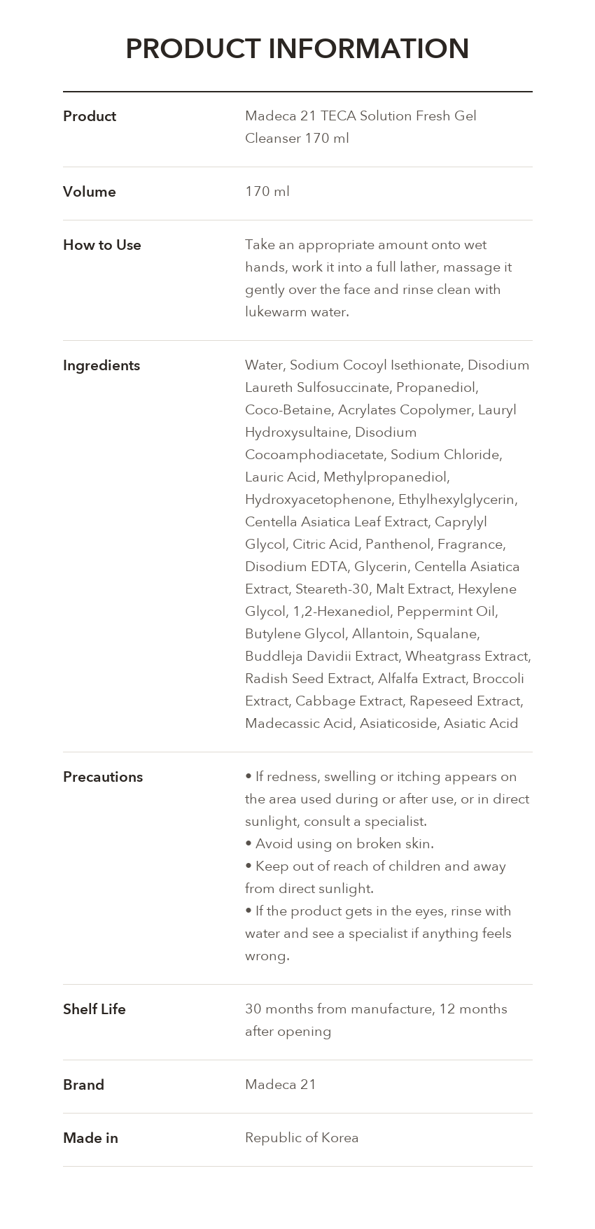 Madeca21 TECA Solution Fresh Gel Cleanser product information