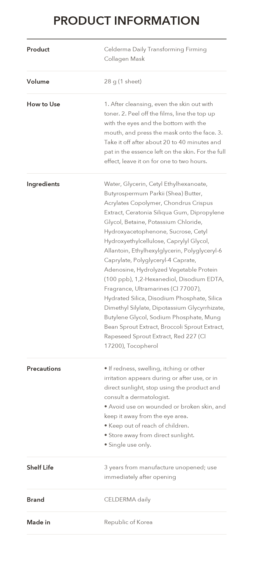Cellderma Daily Firming Collagen Mask product information