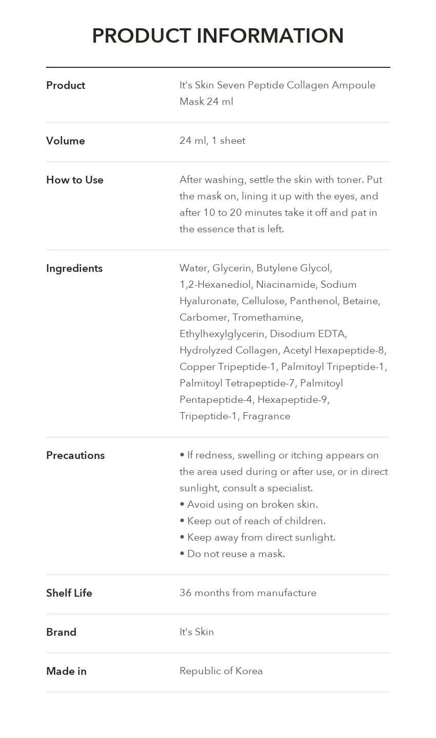 It's Skin Seven Peptide Collagen Ampoule Mask product information