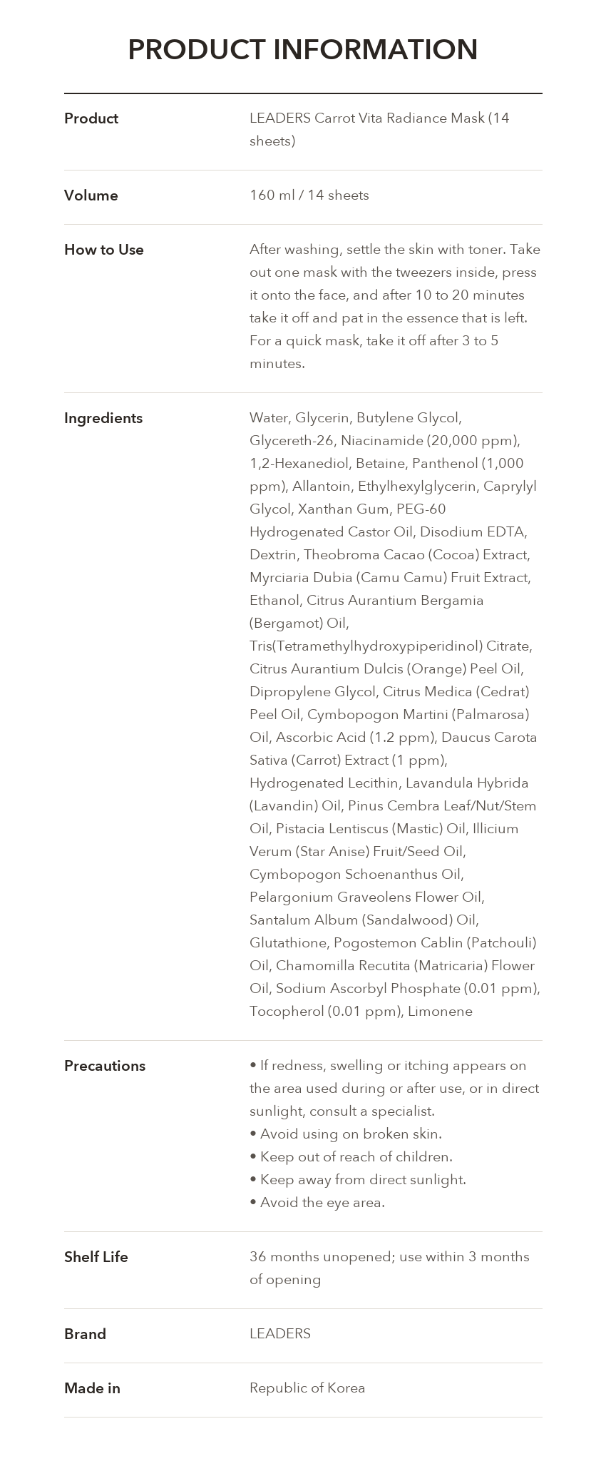 LEADERS Carrot Vita Radiance Mask product information