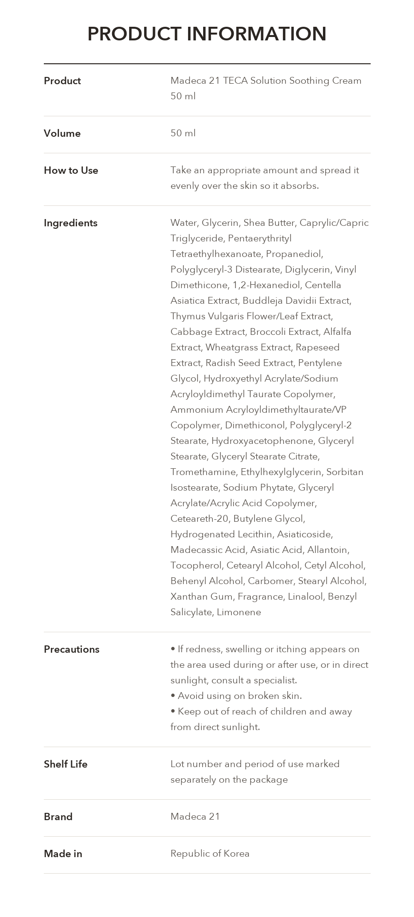 Madeca21 TECA Solution Soothing Cream product information