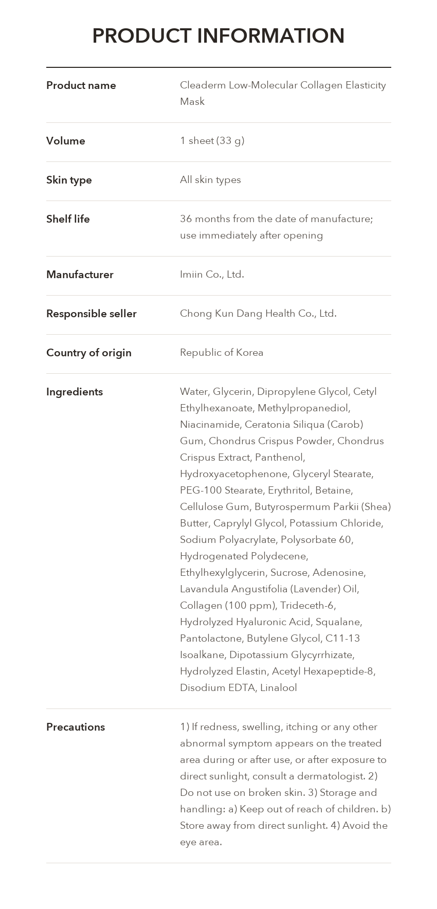 Cleaderm Collagen Elasticity Mask product information