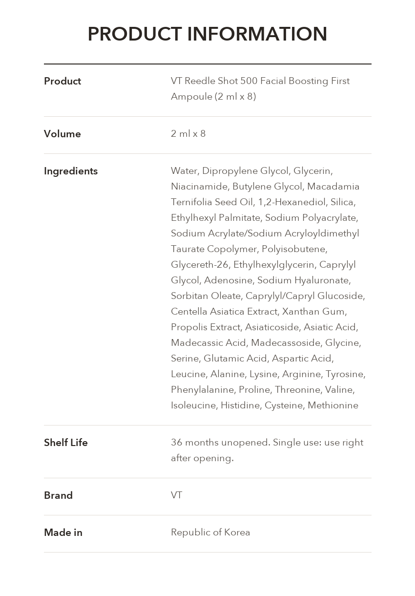 VT Reedle Shot 500 Facial Boosting First Ampoule 2ml x 8 product information