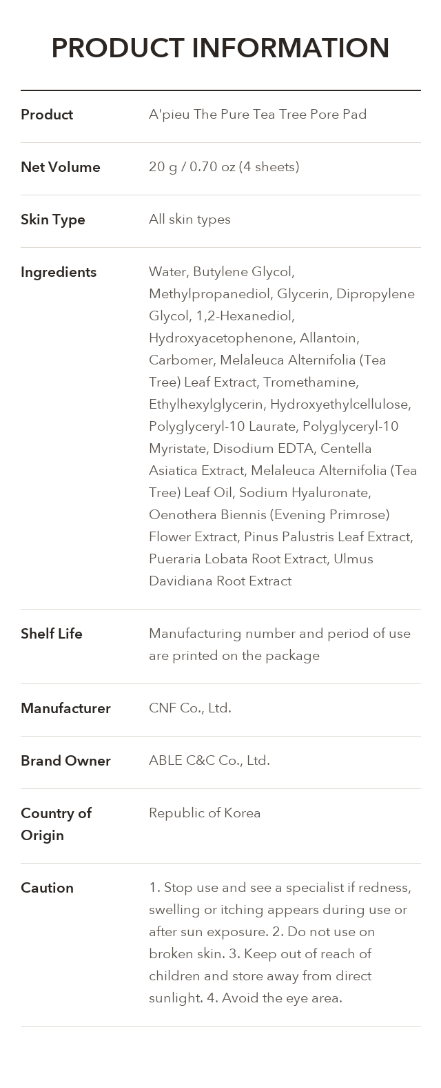 A'PIEU The Pure Tea Tree Pore Pad product information