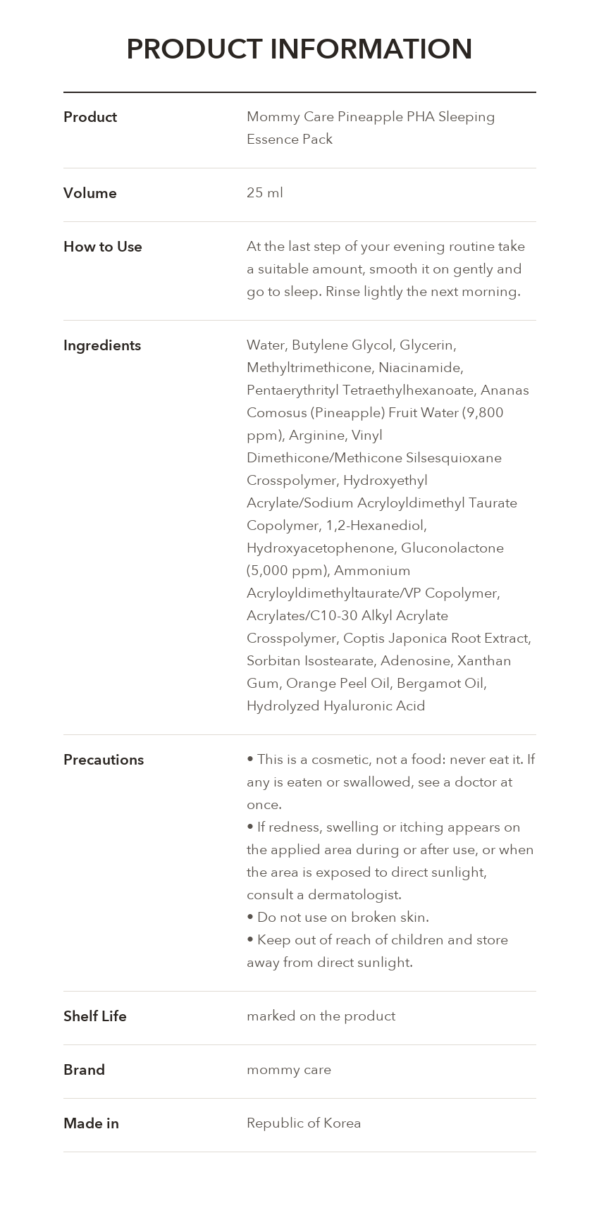 MOMMY CARE Pineapple PHA Sleeping Essence Pack product information