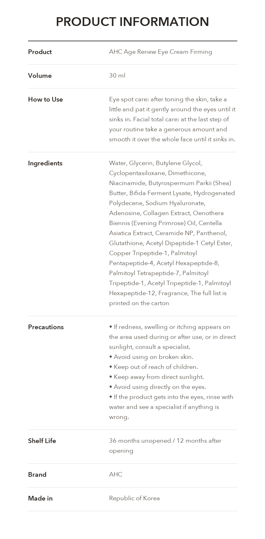 AHC Age Renew Eye Cream Firming product information