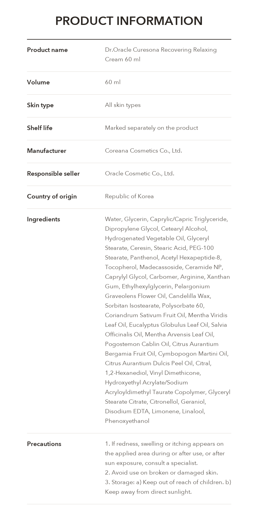 Dr.Oracle Curesona Recovering Relaxing Cream product information