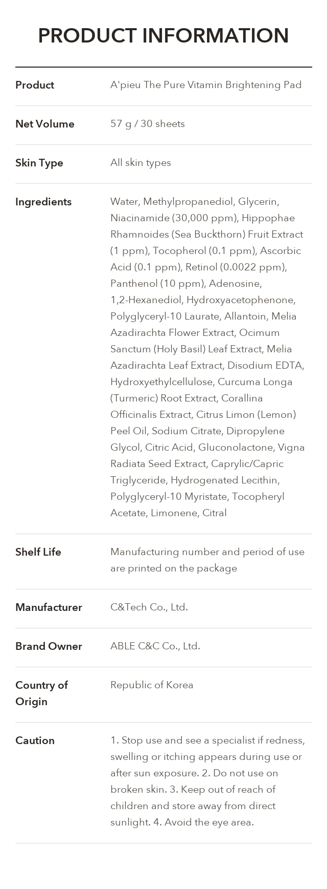 A'PIEU The Pure Vitamin Brightening Pad product information