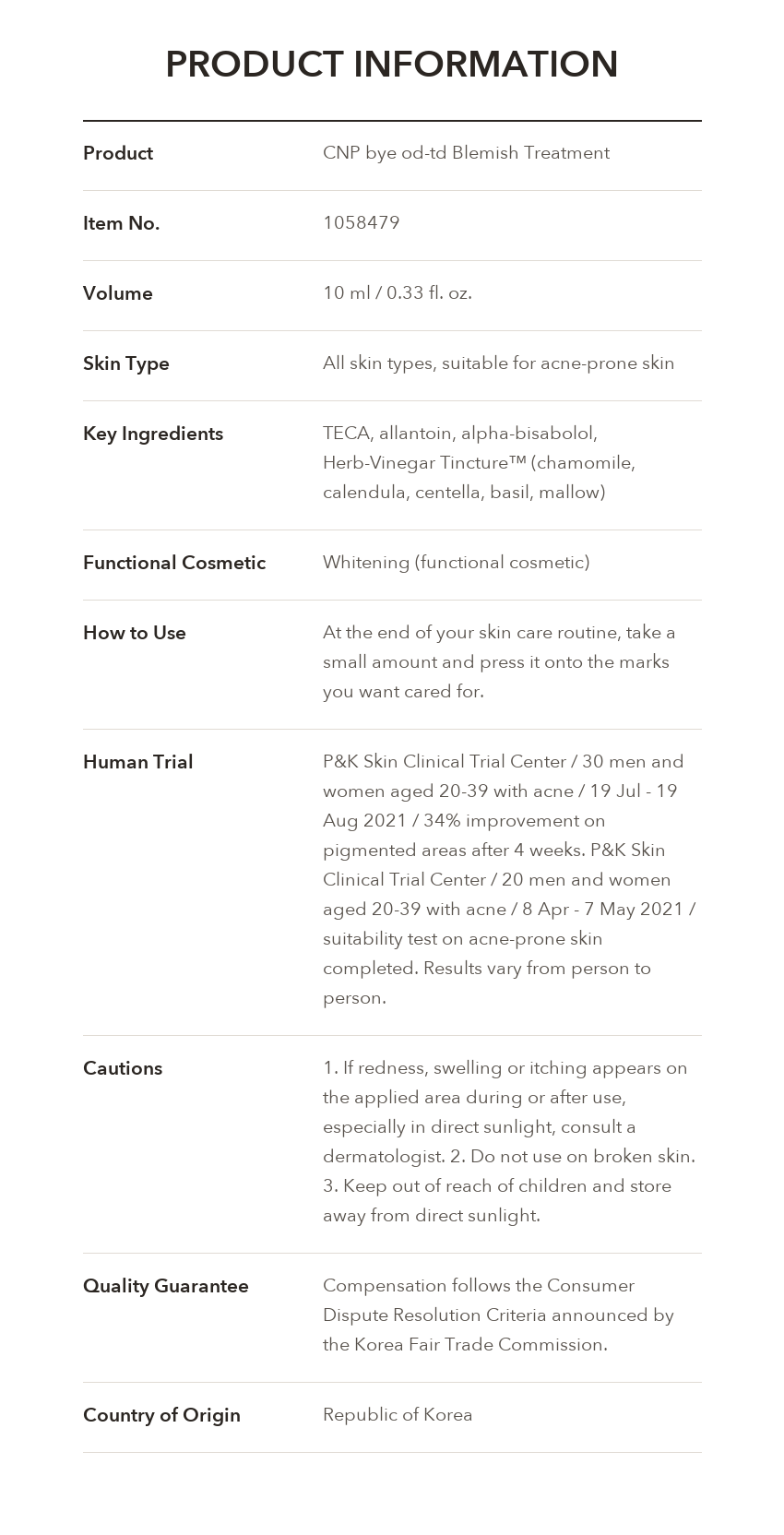 CNP bye od-td Blemish Treatment product information