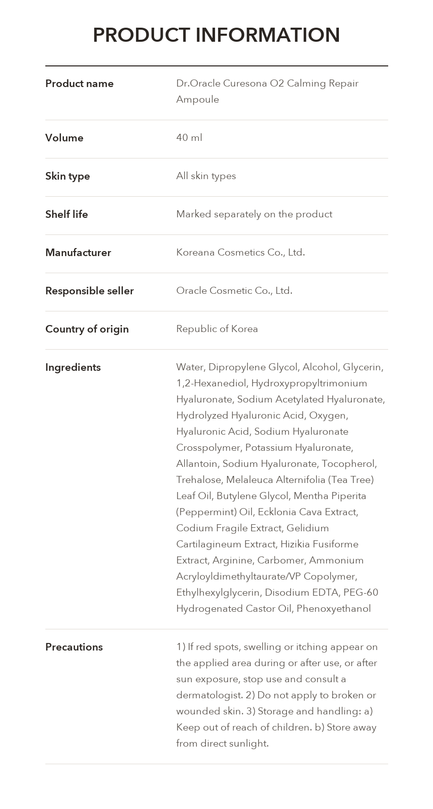 Dr.Oracle Curesona O2 Calming Repair Ampoule 40ml product information