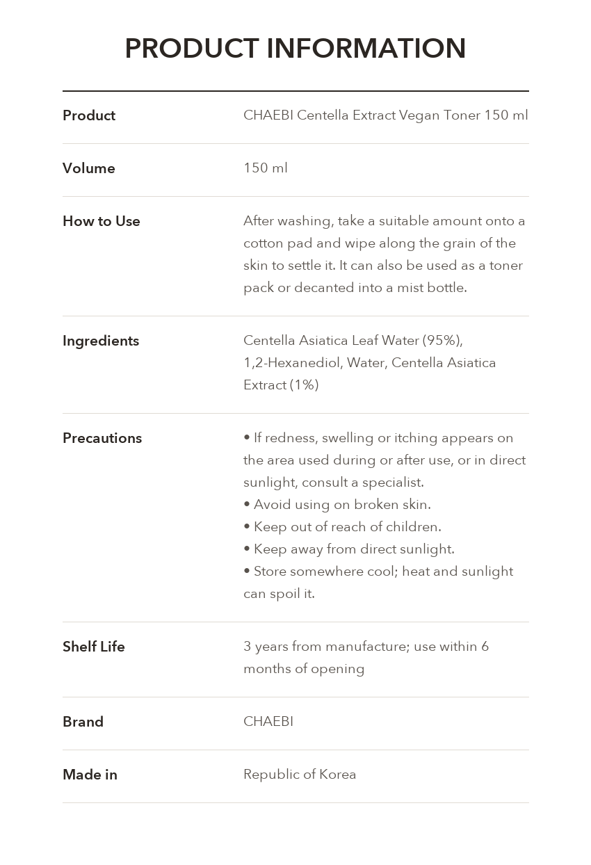 CHAEBI Centella Extract Vegan Toner product information