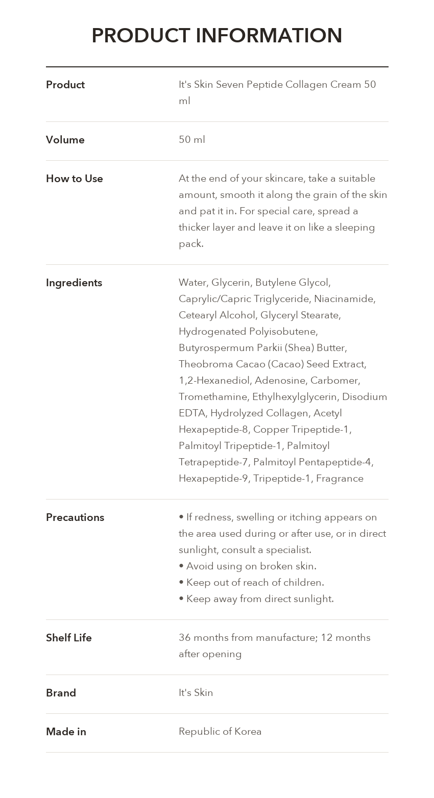 It's Skin Seven Peptide Collagen Cream product information