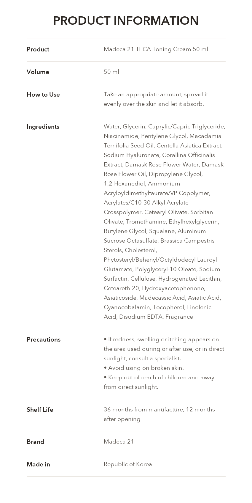 Madeca21 TECA Toning Cream 50ml product information