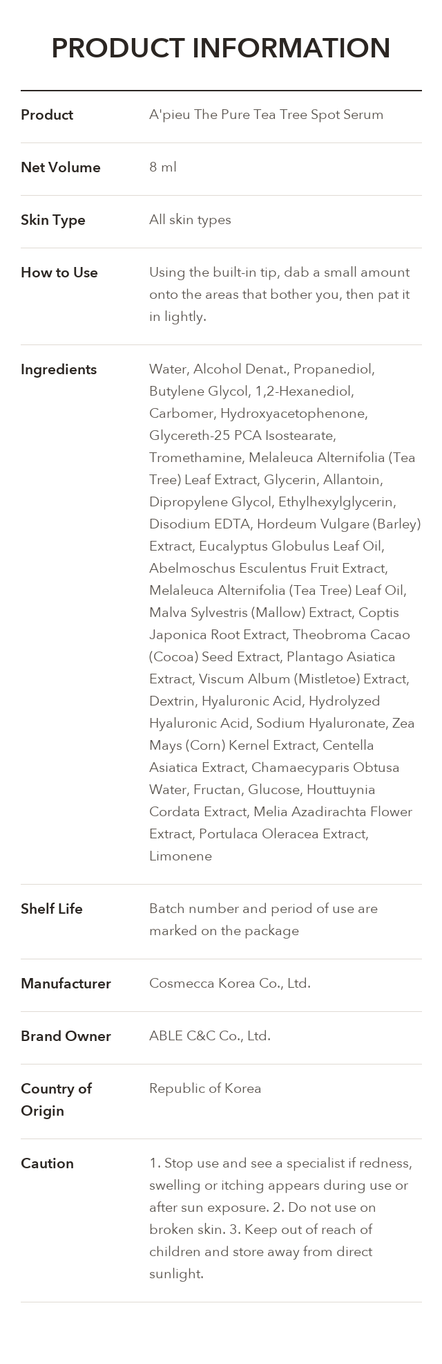 A'PIEU The Pure Tea Tree Spot Serum product information