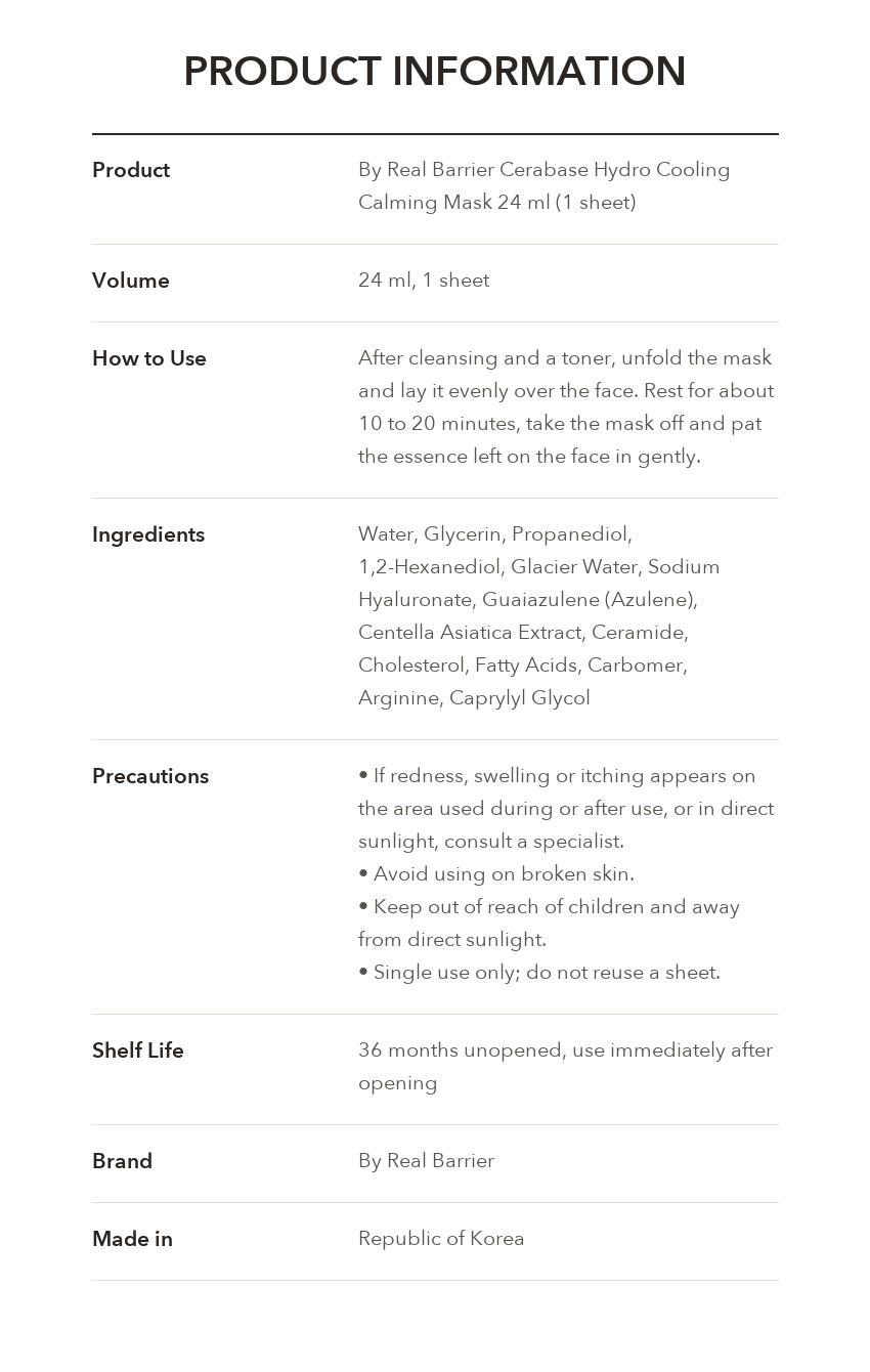 By Real Barrier Cerabase Hydro Cooling Calming Mask 24ml product information