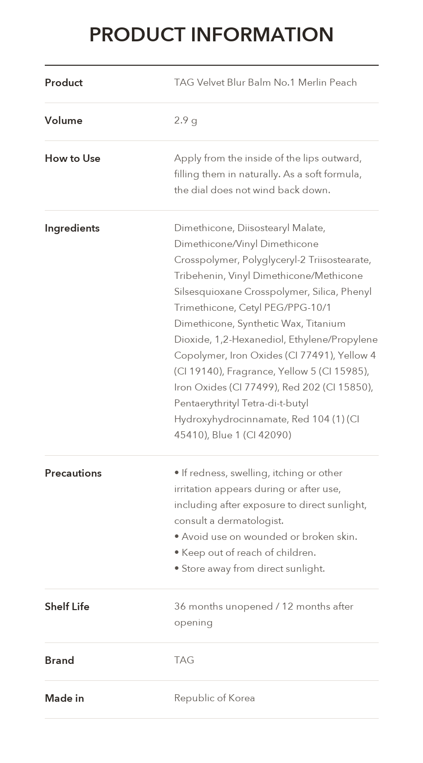 TAG Velvet Blur Balm product information