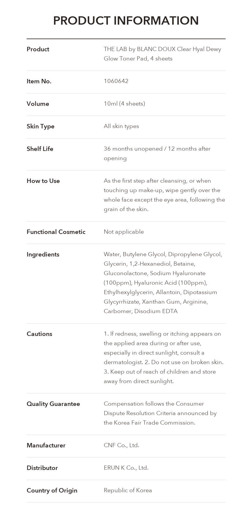 THE LAB by BLANC DOUX Clear Hyal Dewy Glow Toner Pad product information