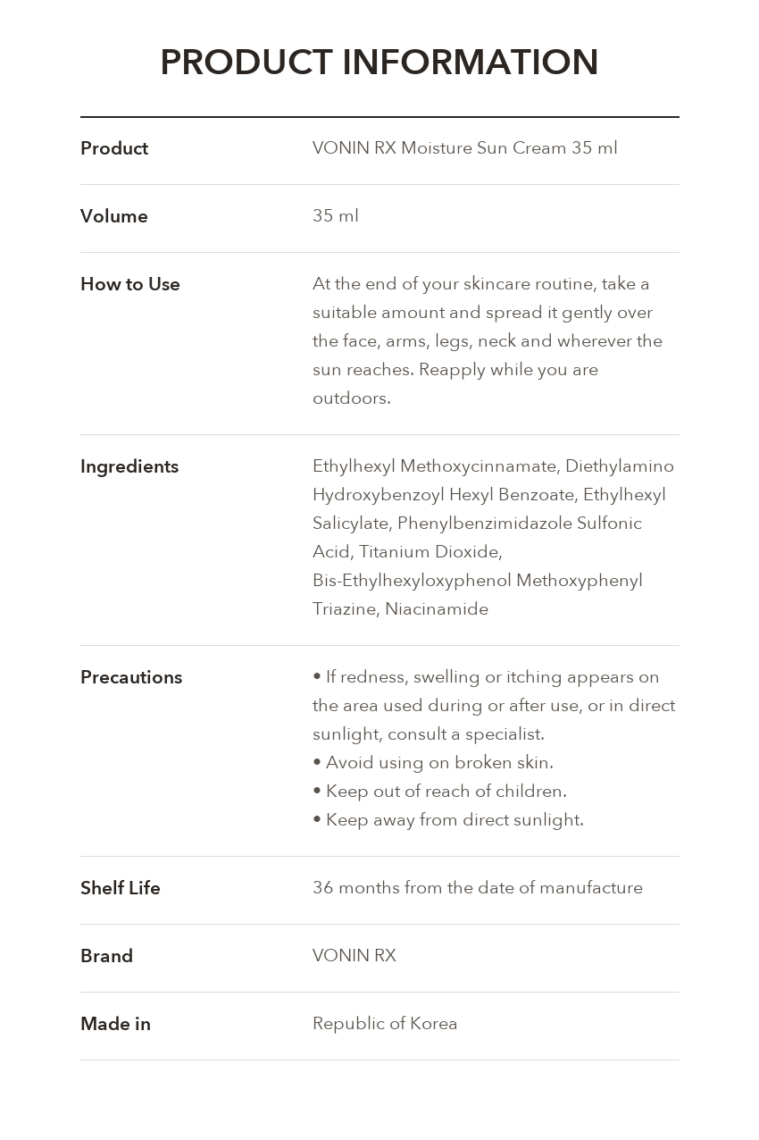 VONIN RX Moisture Sun Cream product information