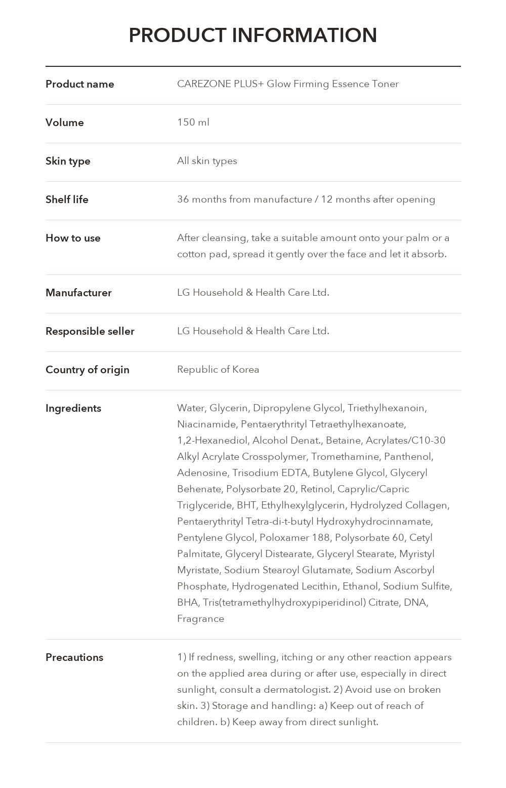 CAREZONE PLUS+ Glow Firming Essence Toner product information