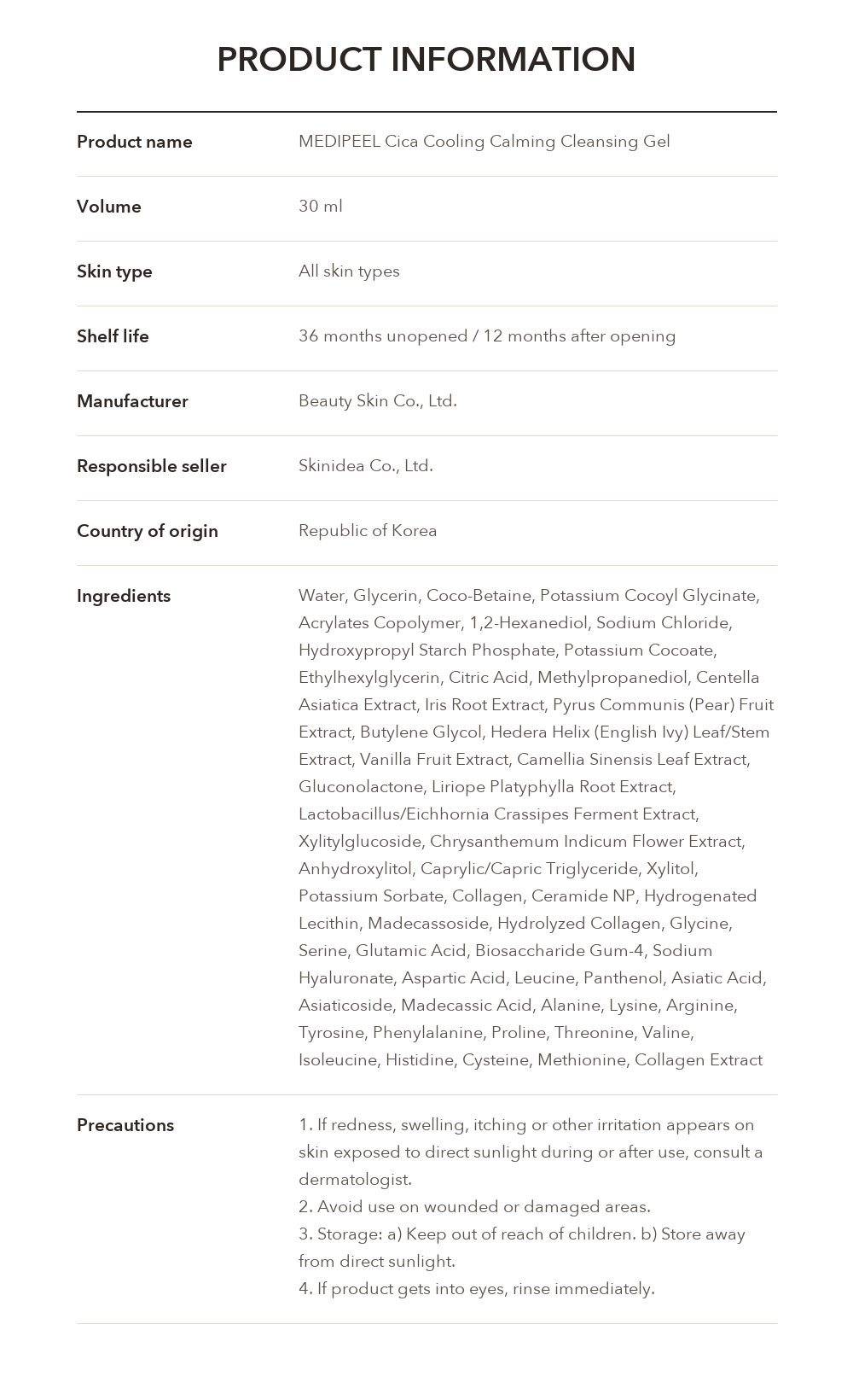 MEDIPEEL Cica Cooling Calming Cleansing Gel 30ml product information