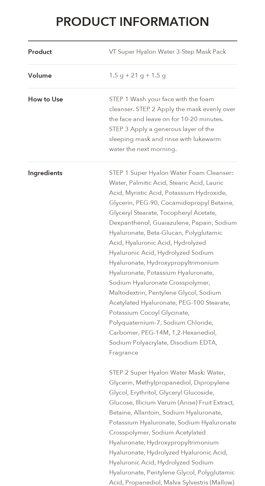 VT Super Hyalon Water 3-Step Mask Pack product information 1