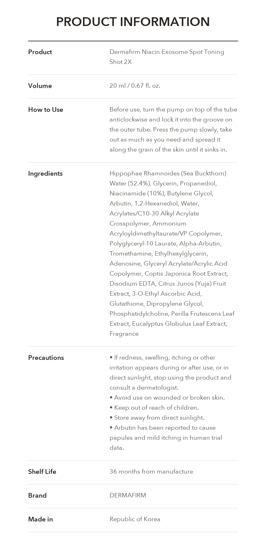 DERMAFIRM Niacin Exosome Spot Toning Shot product information