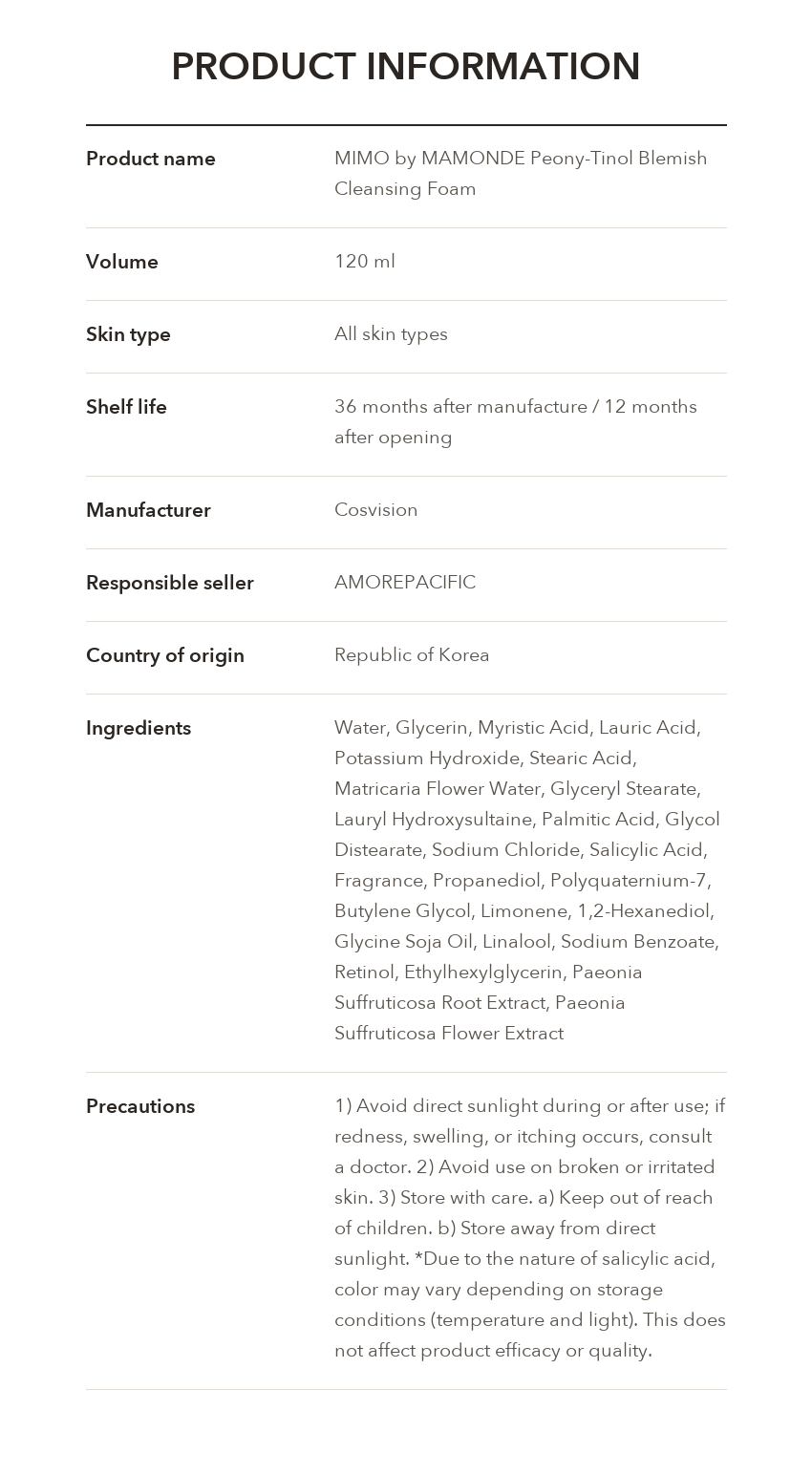 MIMO by MAMONDE Peony-Tinol Blemish Cleansing Foam product information