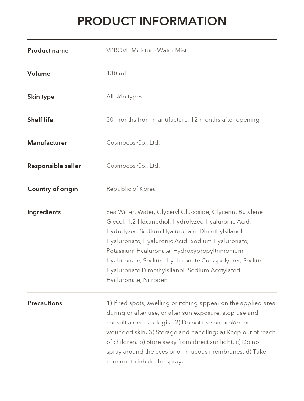 VPROVE Moisture Water Mist product information
