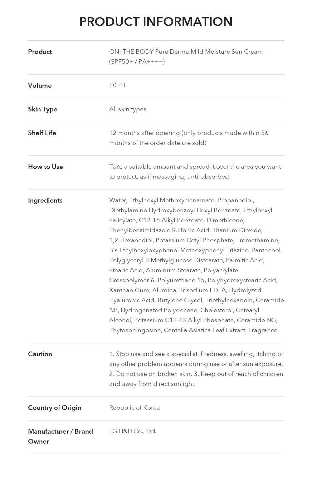 ON: THE BODY Pure Derma Mild Moisture Sun Cream product information
