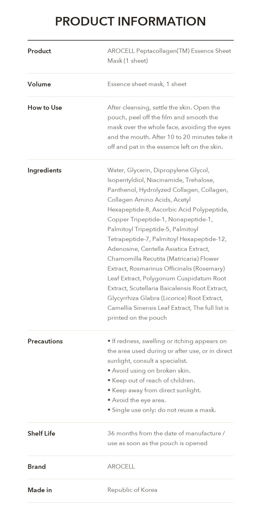 AROCELL Peptacollagen Essence Sheet Mask product information