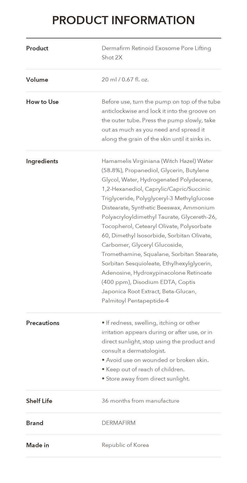 DERMAFIRM Retinoid Exosome Pore Lifting Shot product information