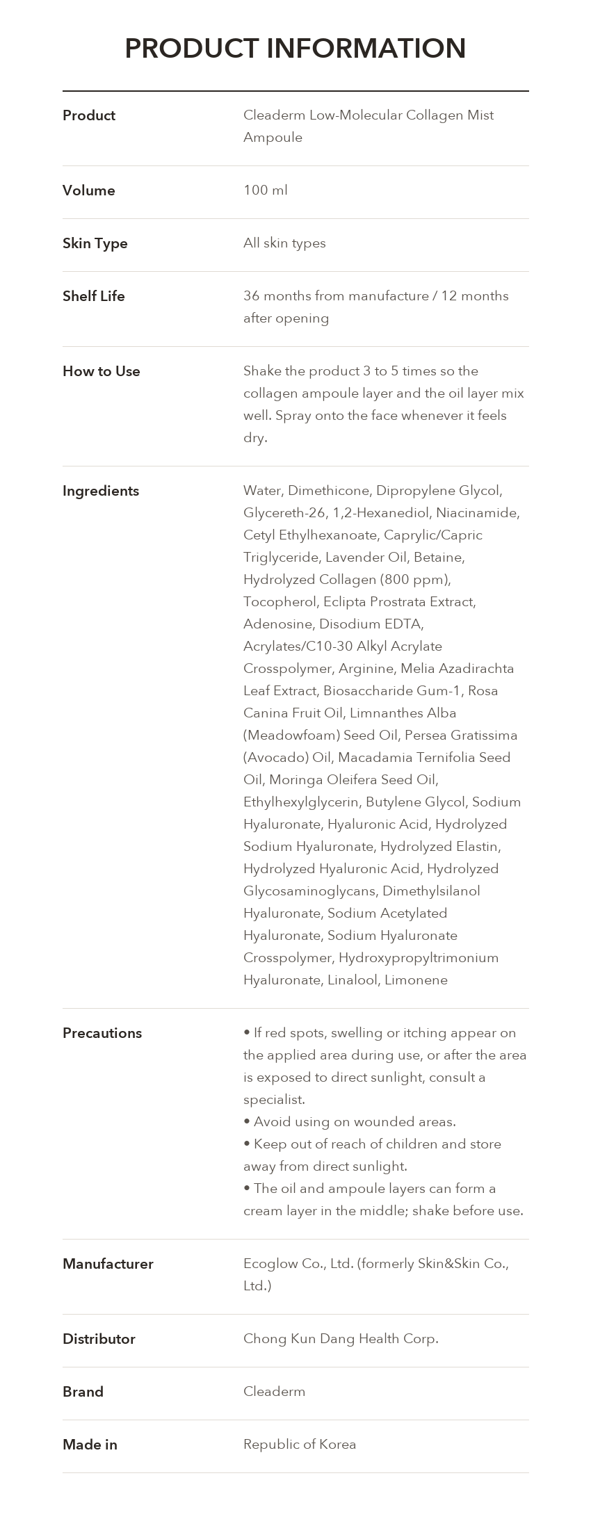 Cleaderm Low-Molecular Collagen Mist Ampoule product information