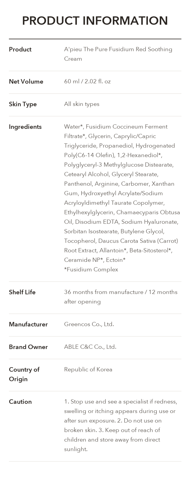 A'PIEU The Pure Fusidium Red Soothing Cream product information