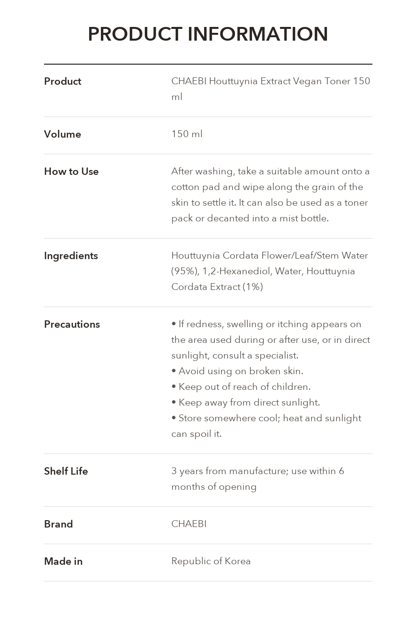 CHAEBI Houttuynia Extract Vegan Toner product information